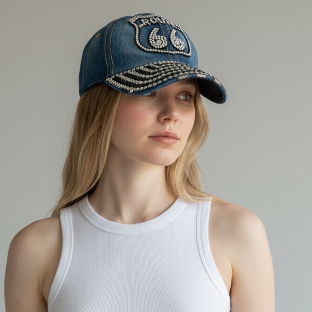 Y2k Jean route 66 crystal black bling cap hat Denim Diamonds biker Glam cowgirl - Picture 2 of 6